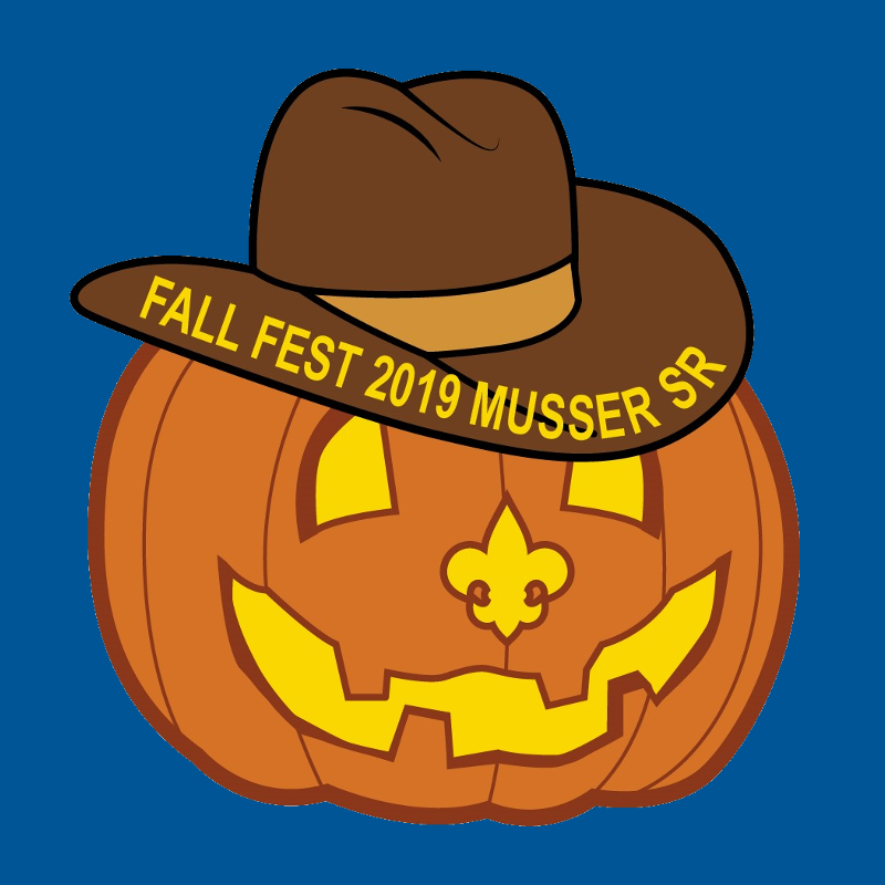 Jackolantern with a fleur-de-lis nose, and a cowboy hat with 'Fall Fest 2019 Musser SR' on the brim